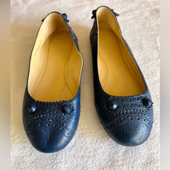 AUTH Balenciaga Blue Leather Arena Brogue-Trim Ballerina Flats Sz 37 - Picture 2 of 8
